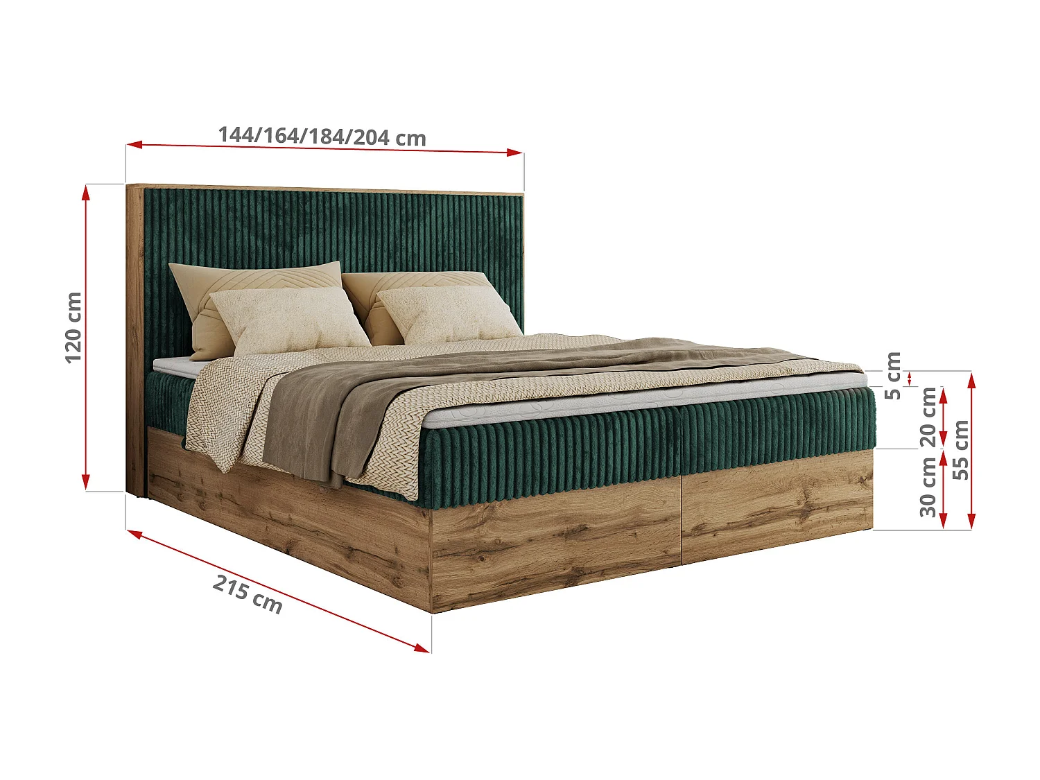 Boxspringbett WOOD CLASSIC - Doppelbett für Schlafzimmer, Set mit Multipocket-Matratze, Holzrahmen - 160x200 cm - H3 - Dunkelgrün Cord