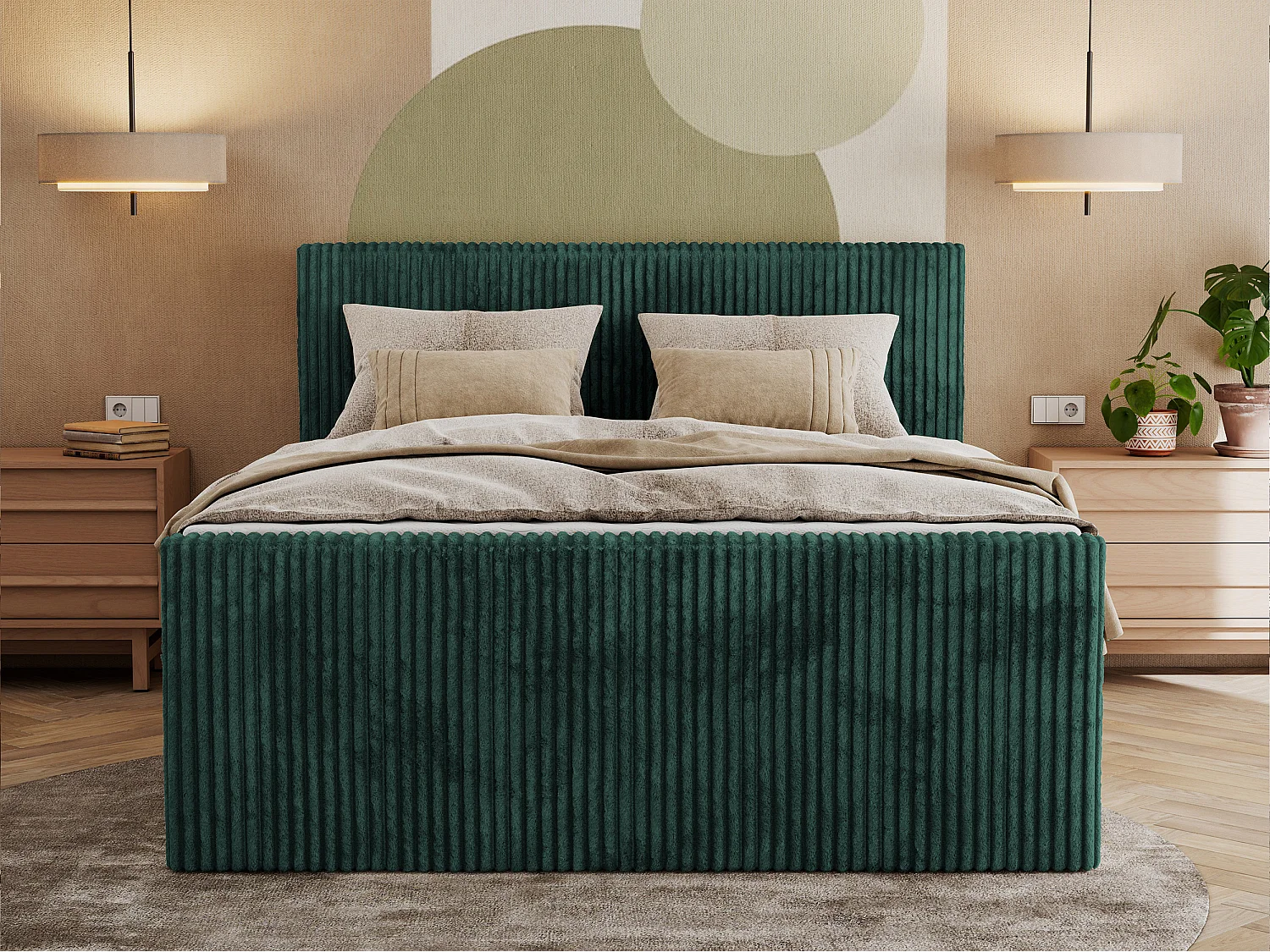 Boxspringbett TILIANO KING DUO, mit zwei Bettkästen, Cord Bett Multipocket-Matratze - 200x200 cm - H4 - Dunkelgrün Cord