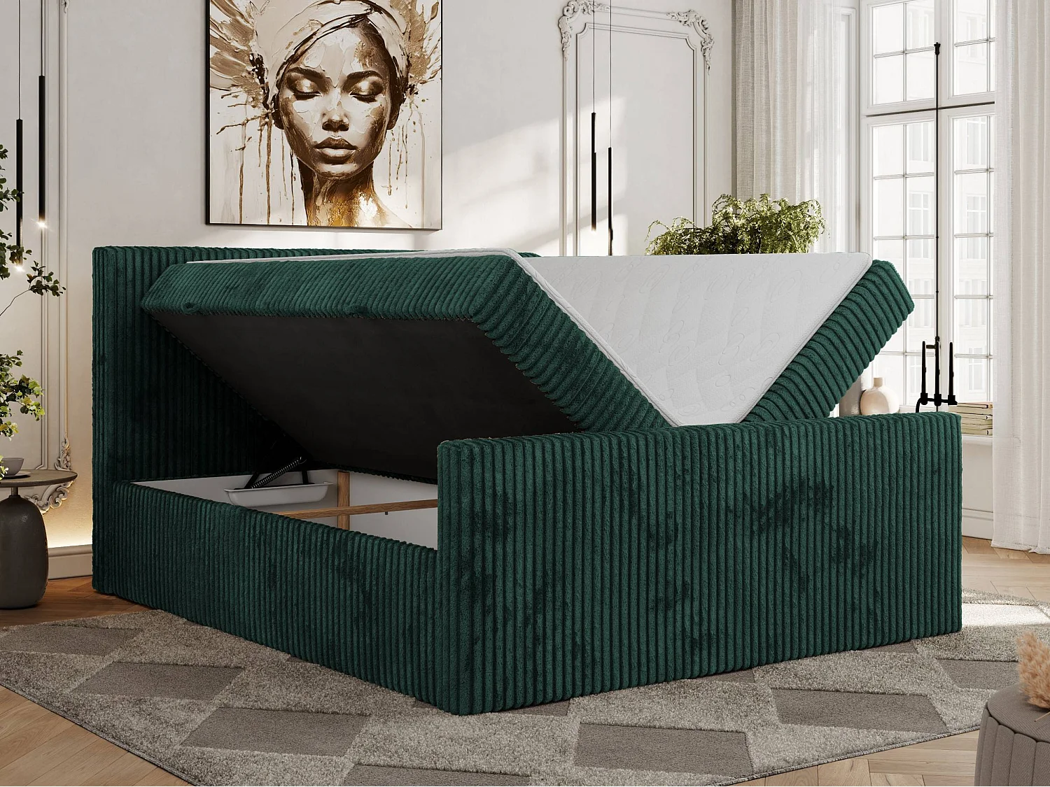 Boxspringbett TILIANO DUO mit gepolstertem Fußteil, Cord Bett, Multipocket-Matratze - 160x200 cm - H4 - Dunkelgrün Cord