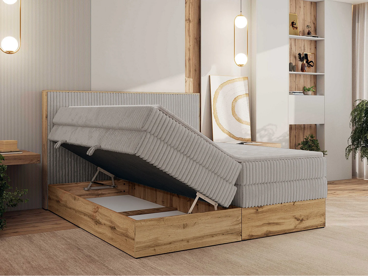 Boxspringbett WOOD CLASSIC KING - Polsterbett mit hohe Kopfteil, zwei Multipocket-Matratze, Bettkästen - 200x200 cm - H3 - Hellgrau Cord