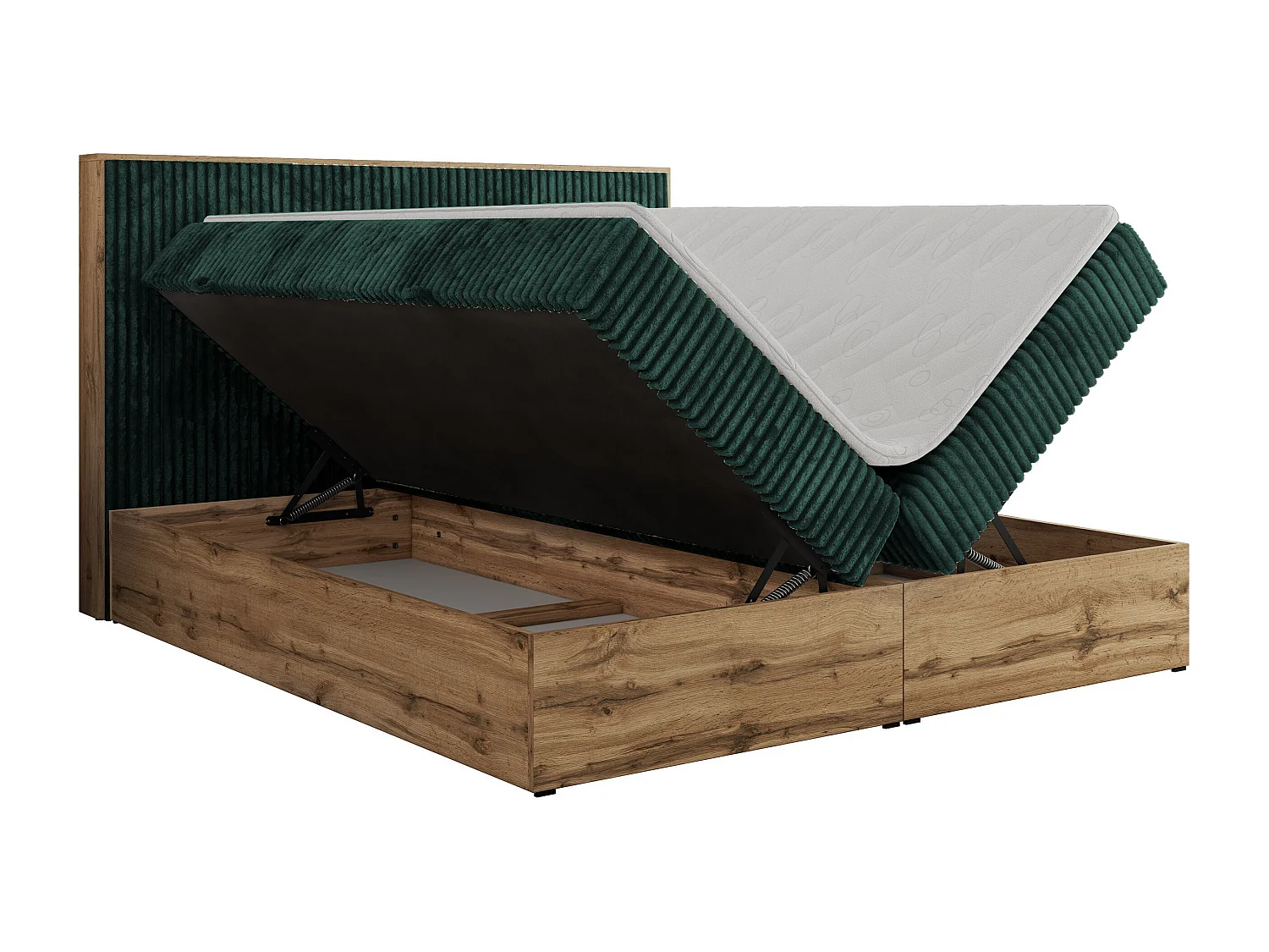 Boxspringbett WOOD CLASSIC - Doppelbett für Schlafzimmer, Set mit Multipocket-Matratze, Holzrahmen - 140x200 cm - H4 - Dunkelgrün Cord