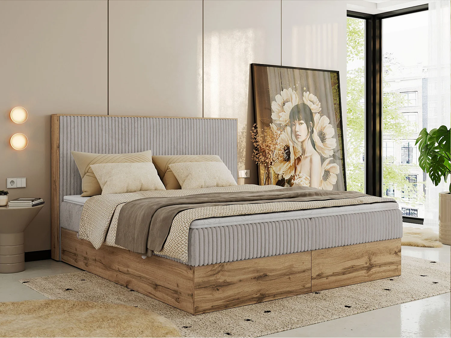 Boxspringbett WOOD CLASSIC - Doppelbett für Schlafzimmer, Set mit Multipocket-Matratze, Holzrahmen - 140x200 cm - H4 - Hellgrau Cord