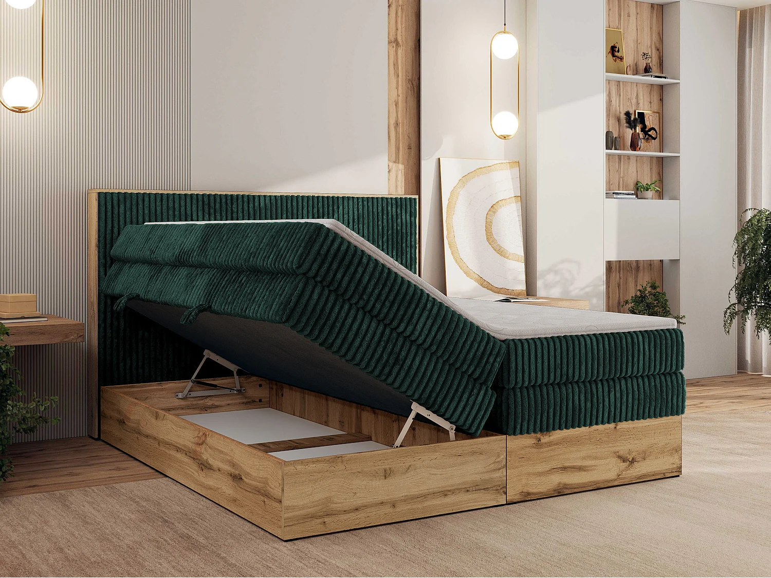 Boxspringbett WOOD CLASSIC KING - Polsterbett mit hohe Kopfteil, zwei Multipocket-Matratze, Bettkästen - 200x200 cm - H3 - Dunkelgrün Cord