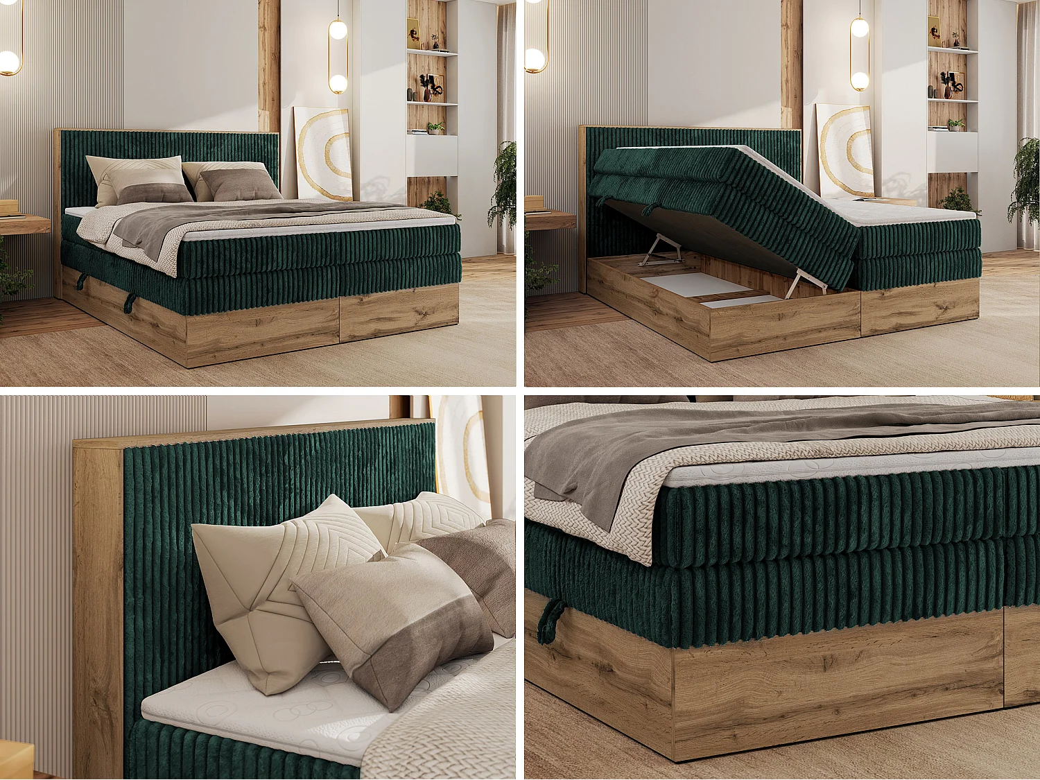 Boxspringbett WOOD CLASSIC KING - Polsterbett mit hohe Kopfteil, zwei Multipocket-Matratze, Bettkästen - 180x200 cm - H4 - Dunkelgrün Cord