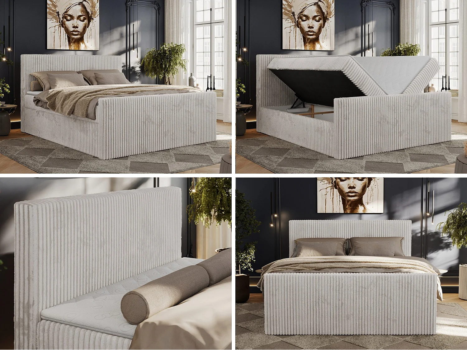 Boxspringbett TILIANO DUO mit gepolstertem Fußteil, Cord Bett, Multipocket-Matratze - 140x200 cm - H4 - Hellgrau Cord