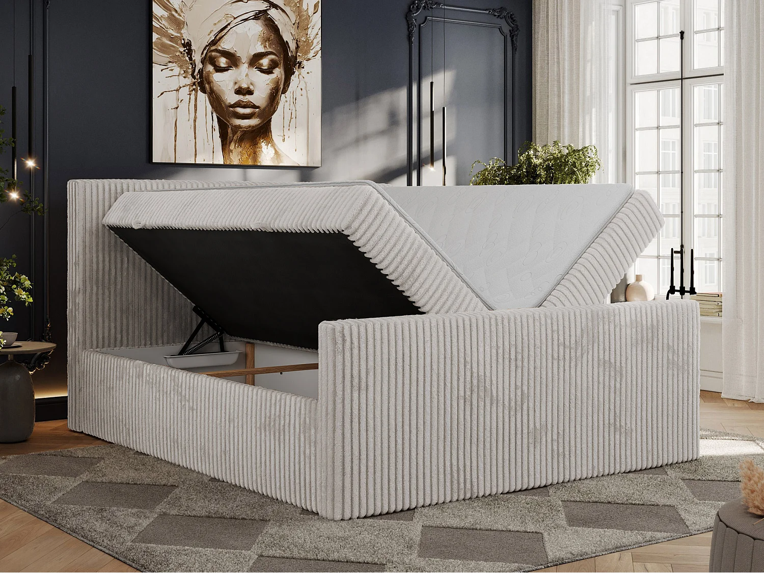 Boxspringbett TILIANO DUO mit gepolstertem Fußteil, Cord Bett, Multipocket-Matratze - 140x200 cm - H4 - Hellgrau Cord