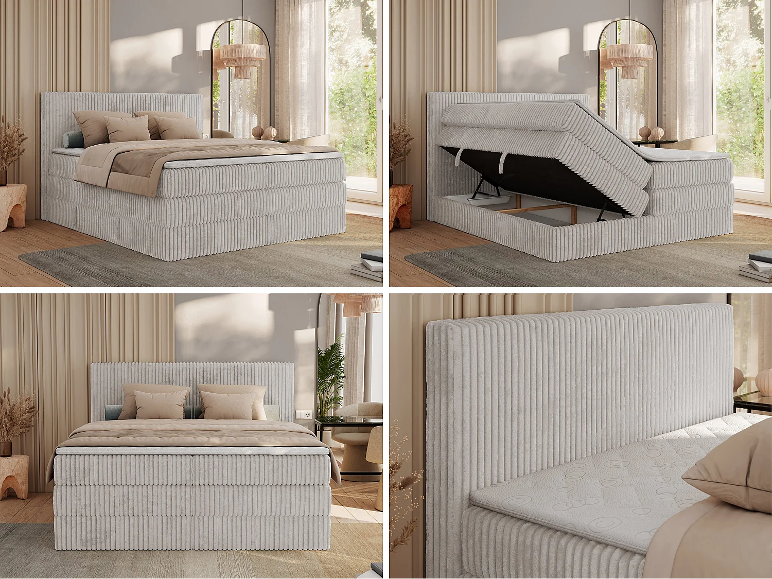 Boxspringbett TILIANO KING, Multipocket-Matratze, Cord Bett, Kopfteil und zwei Bettkästen - 180x200 cm - H4 - Hellgrau Cord