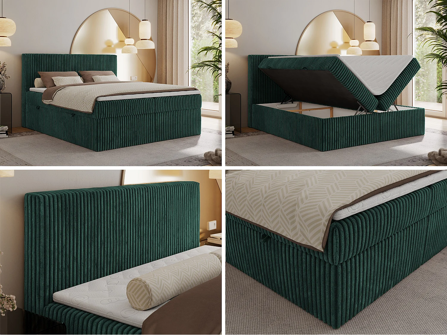 Boxspringbett TILIANO mit Kopfteil und zwei Bettkästen, Cord Bett - 140x200 cm - H4 - Dunkelgrün Cord