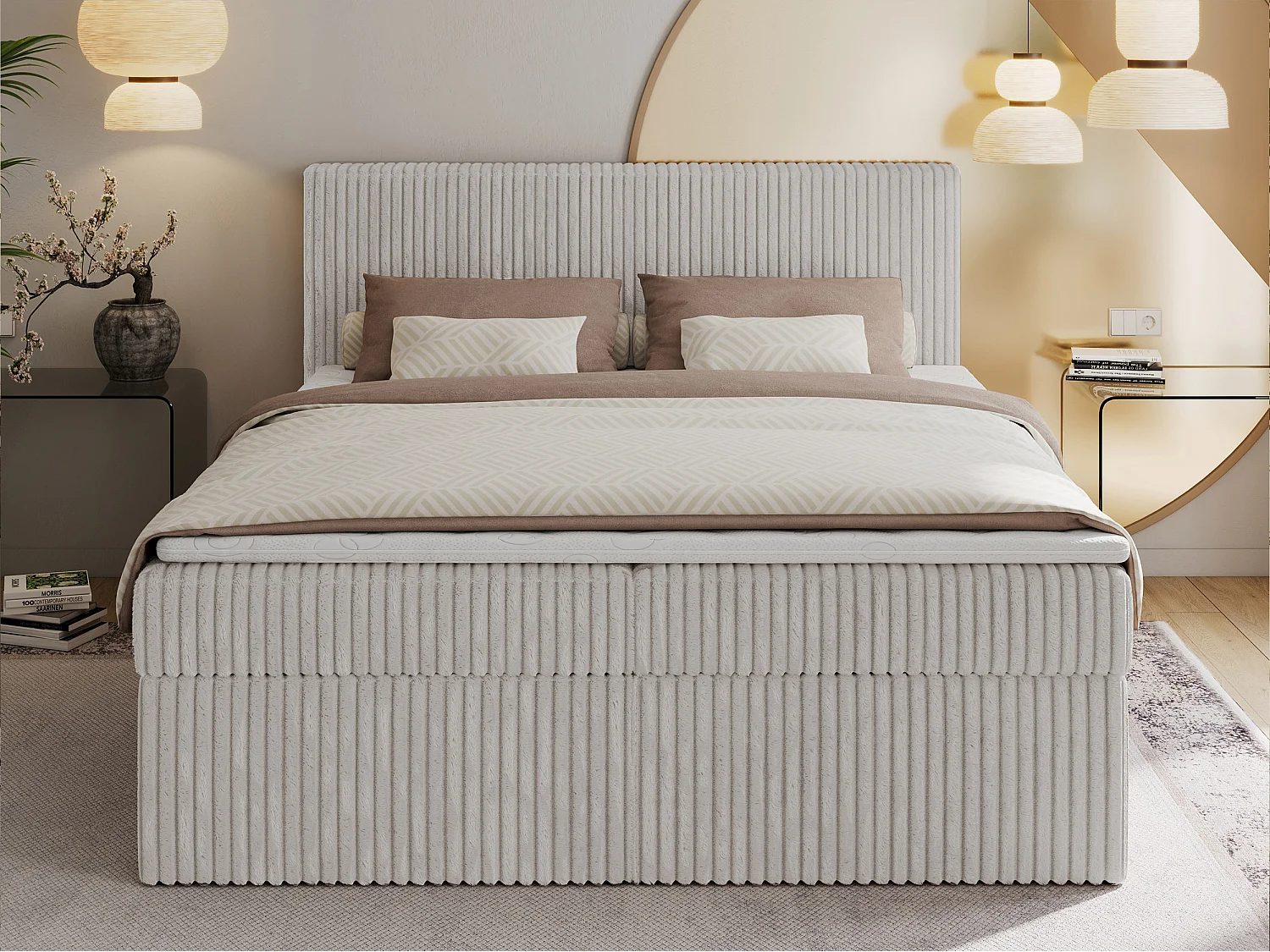 Boxspringbett TILIANO mit Kopfteil und zwei Bettkästen, Cord Bett - 180x200 cm - H3 - Hellgrau Cord