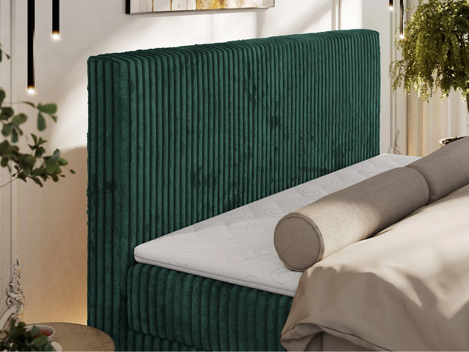 Boxspringbett TILIANO DUO mit gepolstertem Fußteil, Cord Bett, Multipocket-Matratze - 180x200 cm - H4 - Dunkelgrün Cord