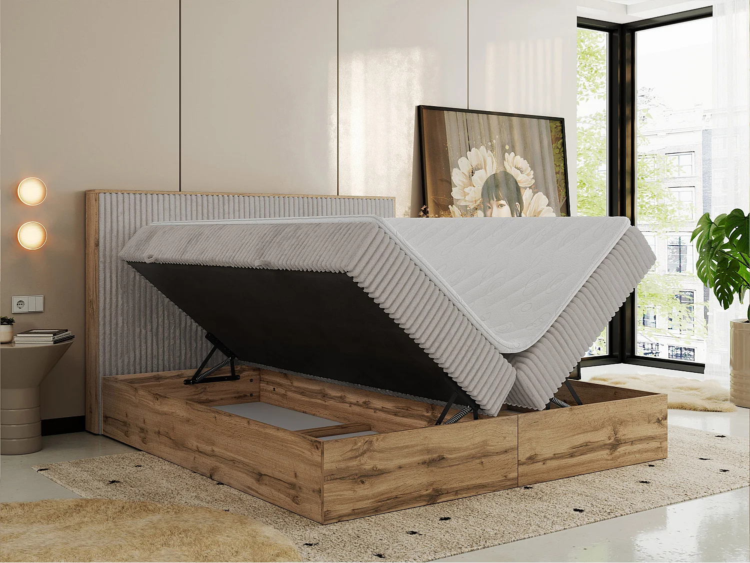 Boxspringbett WOOD CLASSIC - Doppelbett für Schlafzimmer, Set mit Multipocket-Matratze, Holzrahmen - 160x200 cm - H3 - Hellgrau Cord
