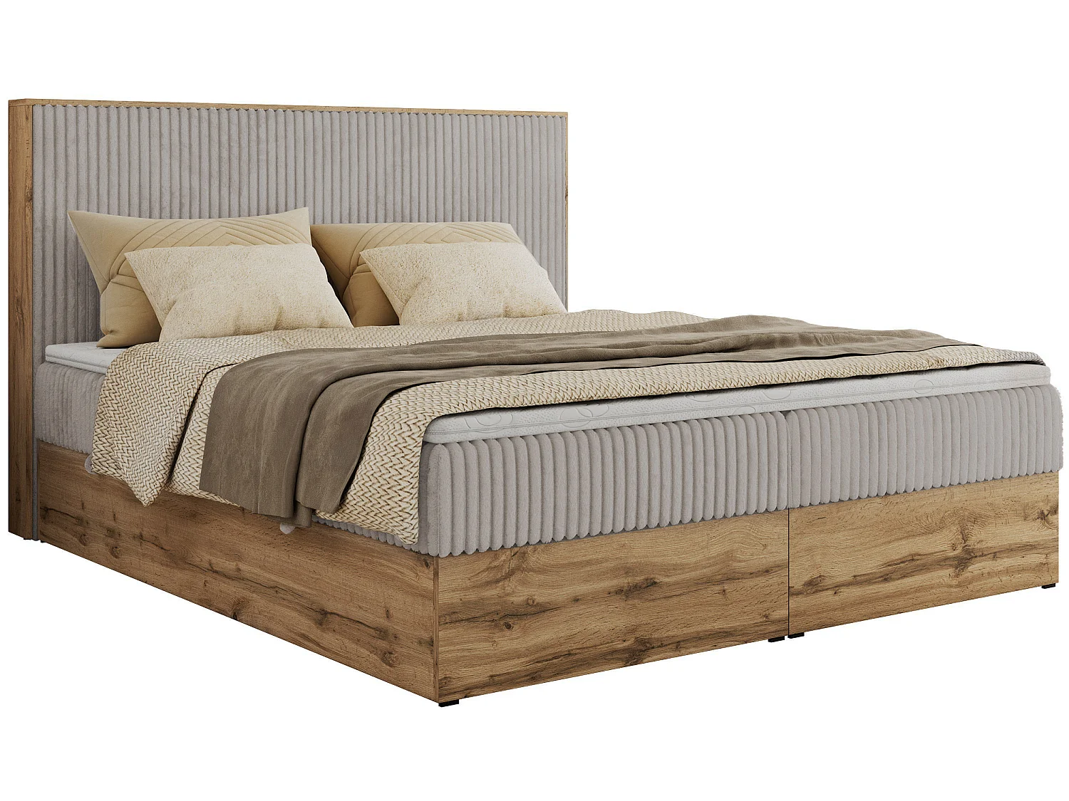 Lit boxspring - Dureté H3 + Topper T25 - Gris clair Velours côtelé - 160x200 - WOOD CLASSIC