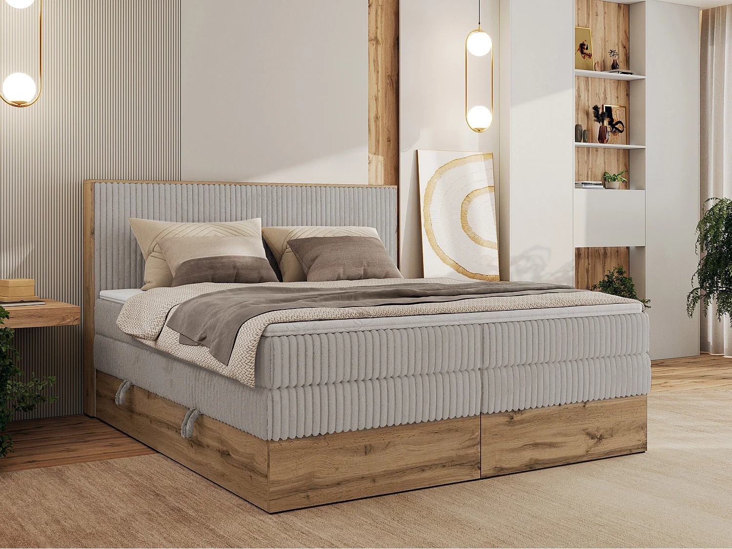 Boxspringbett WOOD CLASSIC KING - Polsterbett mit hohe Kopfteil, zwei Multipocket-Matratze, Bettkästen - 160x200 cm - H3 - Hellgrau Cord
