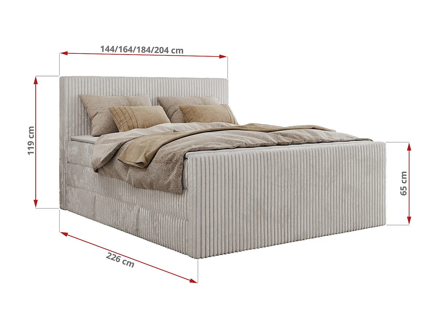Boxspringbett TILIANO KING DUO, mit zwei Bettkästen, Cord Bett Multipocket-Matratze - 160x200 cm - H3 - Hellgrau Cord