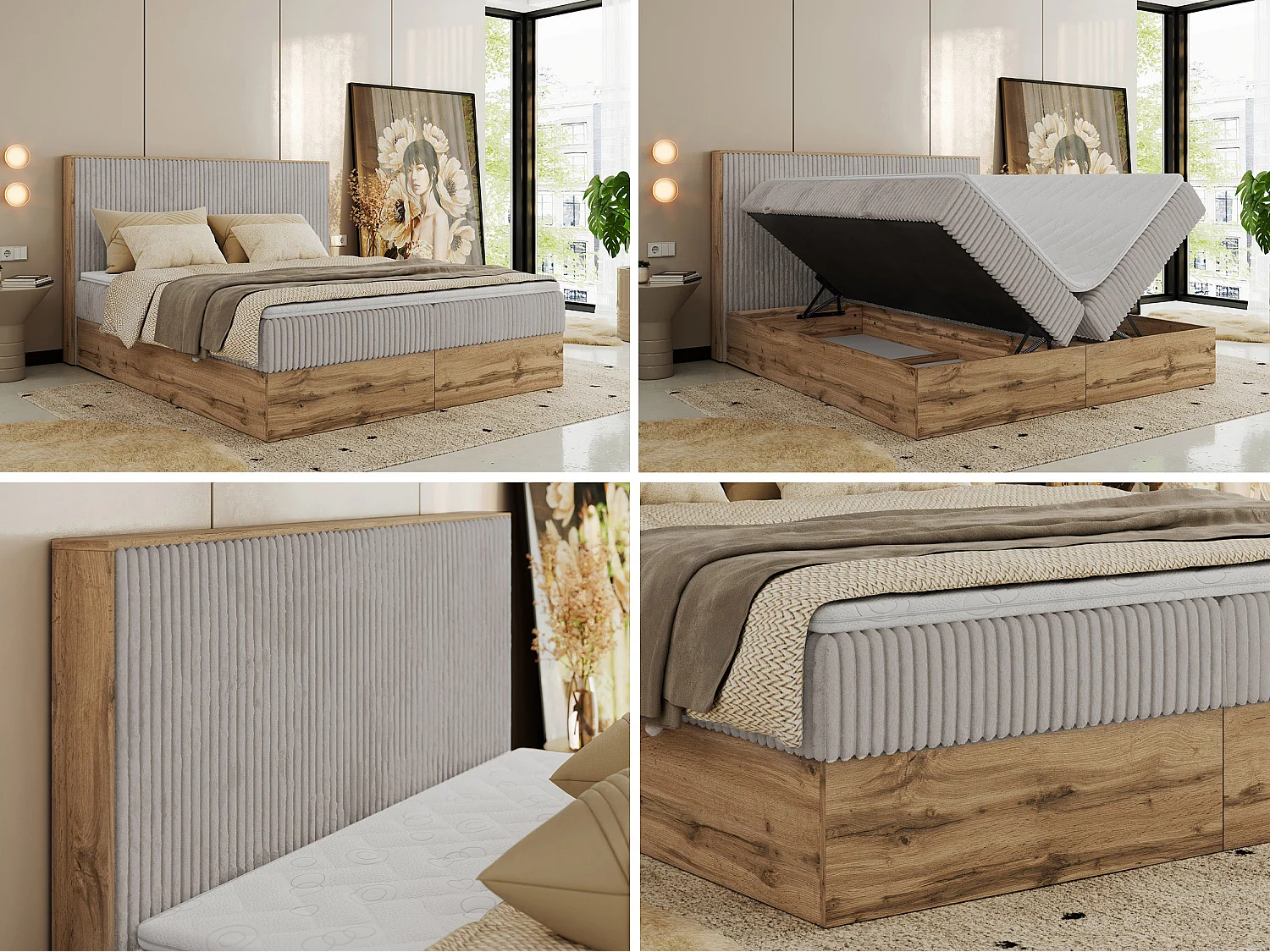 Boxspringbett WOOD CLASSIC - Doppelbett für Schlafzimmer, Set mit Multipocket-Matratze, Holzrahmen - 180x200 cm - H3 - Hellgrau Cord