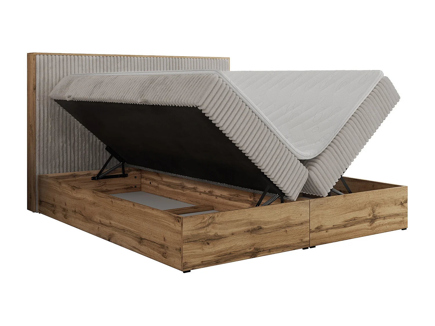 Boxspringbett WOOD CLASSIC - Doppelbett für Schlafzimmer, Set mit Multipocket-Matratze, Holzrahmen - 180x200 cm - H3 - Hellgrau Cord