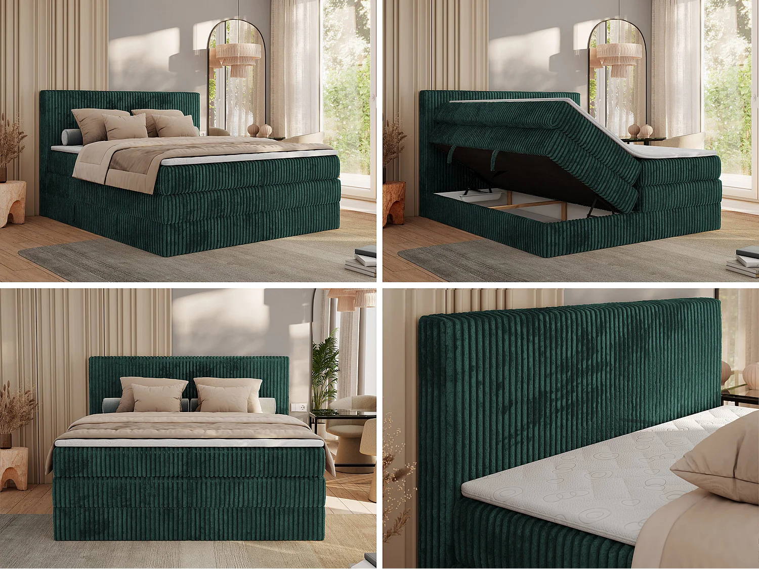 Boxspringbett TILIANO KING, Multipocket-Matratze, Cord Bett, Kopfteil und zwei Bettkästen - 180x200 cm - H4 - Dunkelgrün Cord