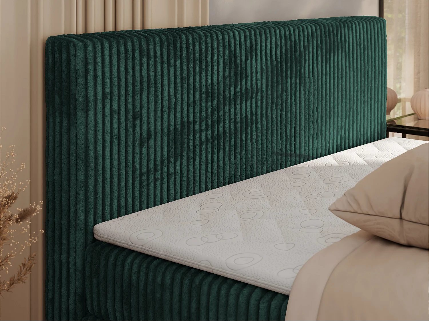 Boxspringbett TILIANO KING, Multipocket-Matratze, Cord Bett, Kopfteil und zwei Bettkästen - 180x200 cm - H4 - Dunkelgrün Cord