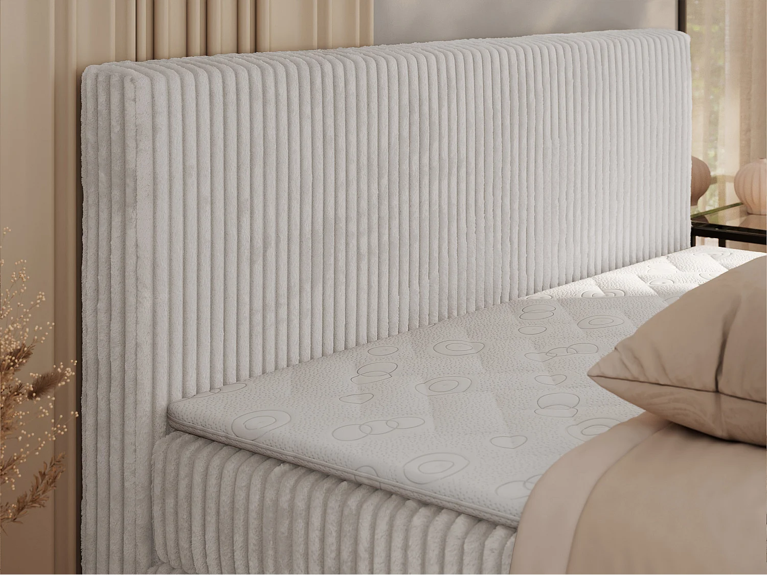 Boxspringbett TILIANO KING, Multipocket-Matratze, Cord Bett, Kopfteil und zwei Bettkästen - 140x200 cm - H3 - Hellgrau Cord