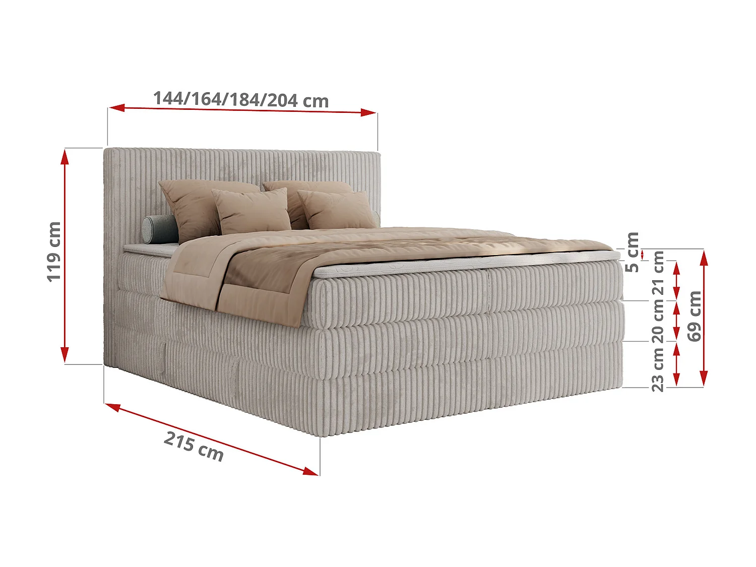 Boxspringbett TILIANO KING, Multipocket-Matratze, Cord Bett, Kopfteil und zwei Bettkästen - 140x200 cm - H3 - Hellgrau Cord