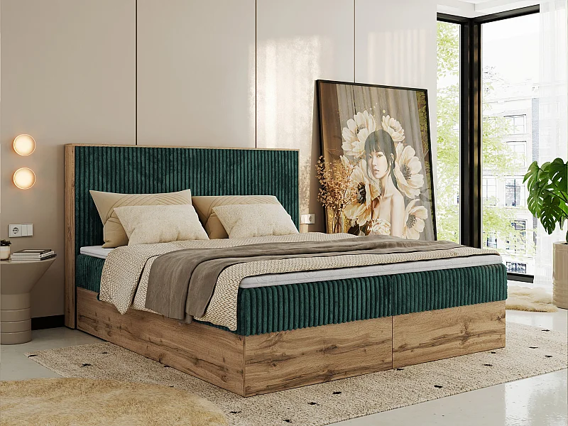 Boxspringbett WOOD CLASSIC - Doppelbett für Schlafzimmer, Set mit Multipocket-Matratze, Holzrahmen - 160x200 cm - H4 - Dunkelgrün Cord