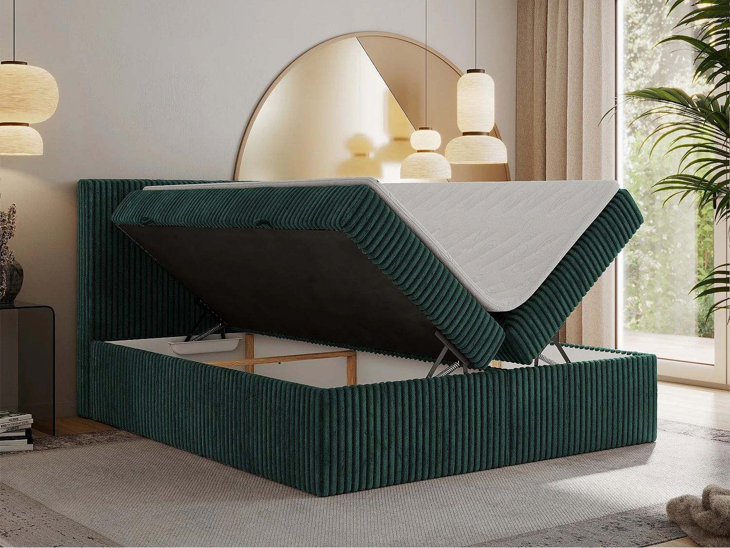 Boxspringbett TILIANO mit Kopfteil und zwei Bettkästen, Cord Bett - 160x200 cm - H3 - Dunkelgrün Cord