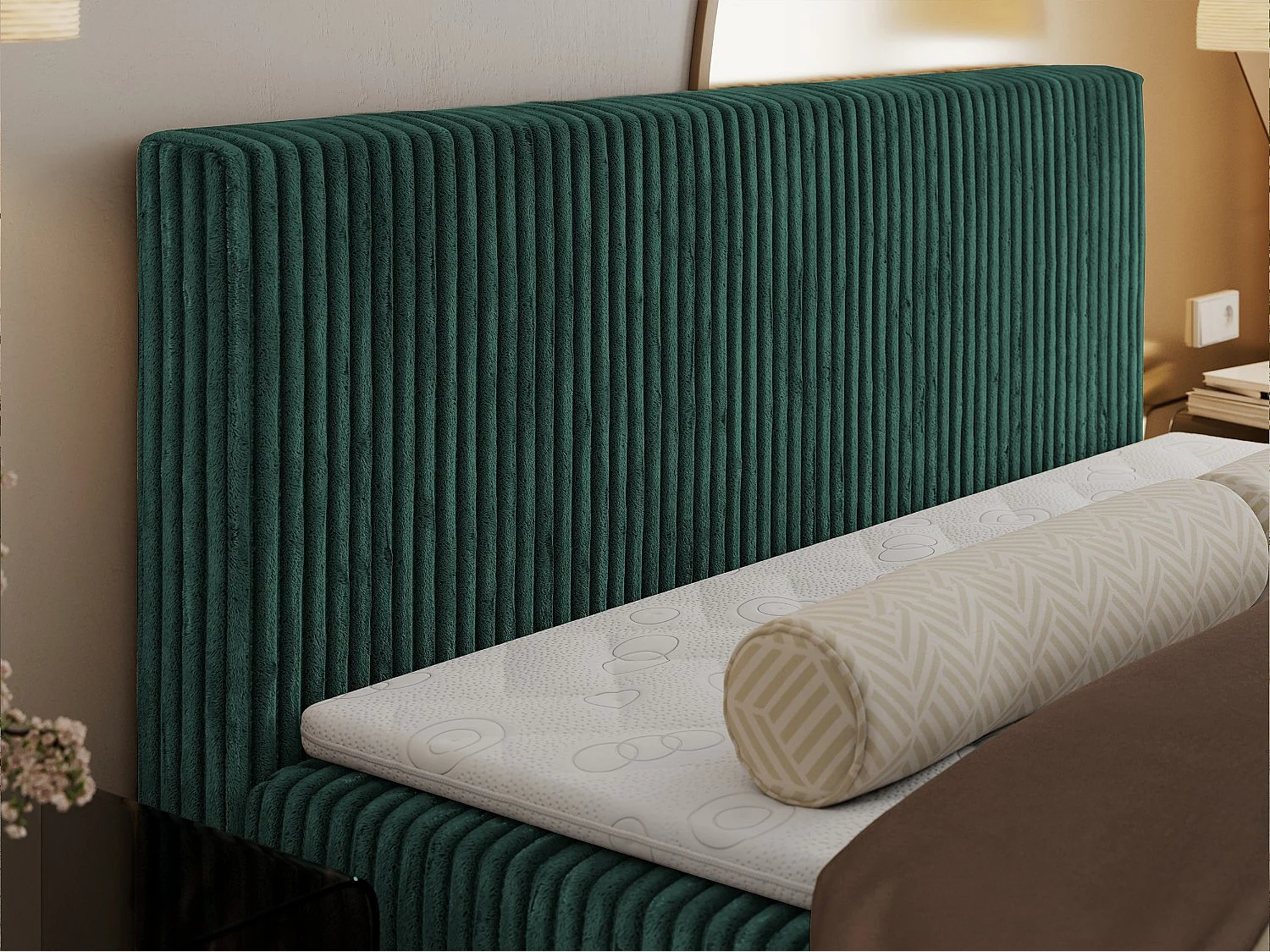 Boxspringbett TILIANO mit Kopfteil und zwei Bettkästen, Cord Bett - 180x200 cm - H4 - Dunkelgrün Cord