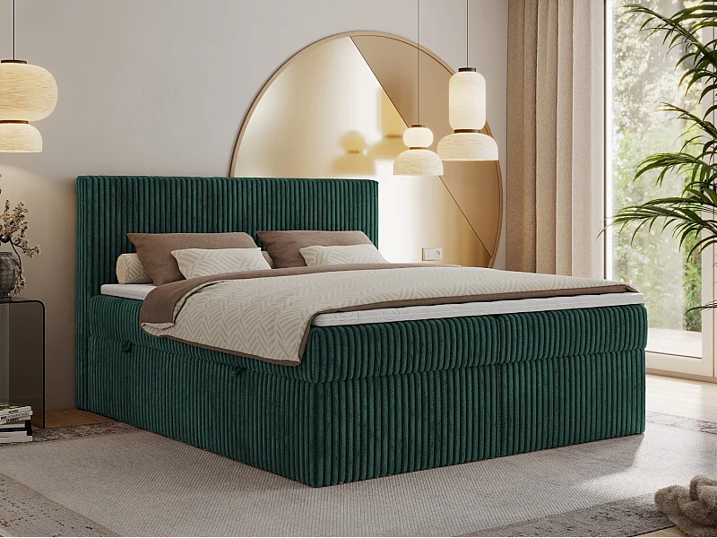 Boxspringbett TILIANO mit Kopfteil und zwei Bettkästen, Cord Bett - 180x200 cm - H4 - Dunkelgrün Cord