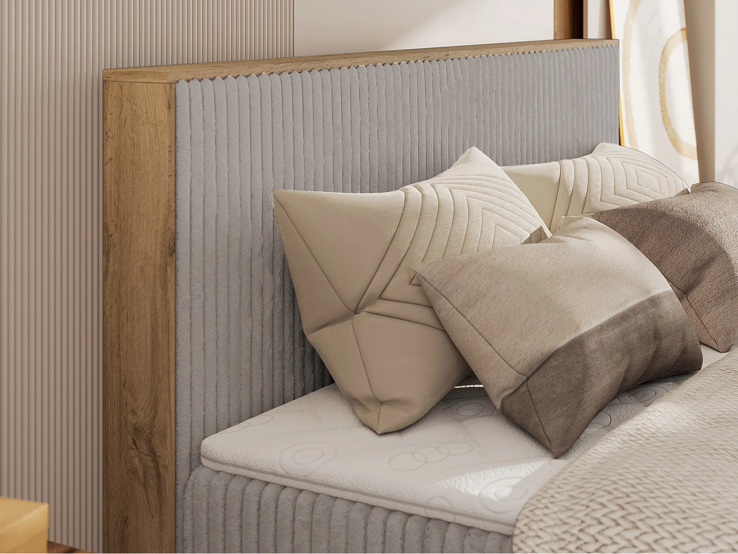 Boxspringbett WOOD CLASSIC KING - Polsterbett mit hohe Kopfteil, zwei Multipocket-Matratze, Bettkästen - 140x200 cm - H4 - Hellgrau Cord