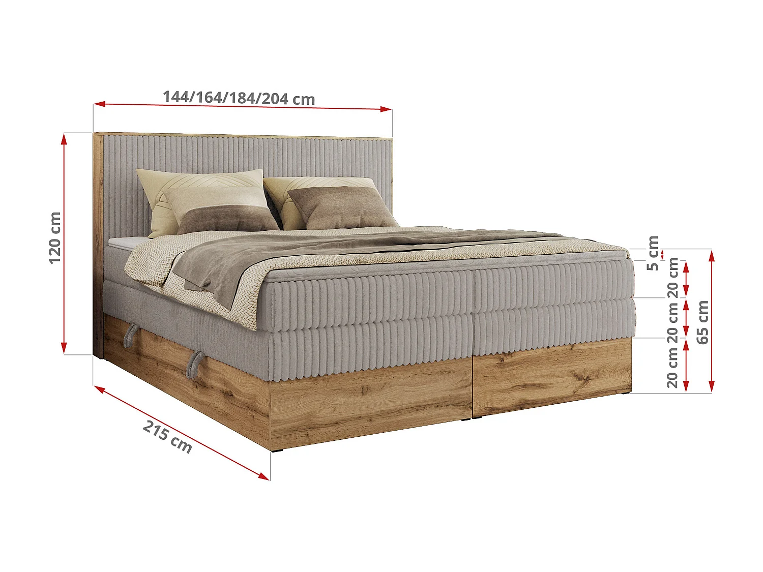 Boxspringbett WOOD CLASSIC KING - Polsterbett mit hohe Kopfteil, zwei Multipocket-Matratze, Bettkästen - 140x200 cm - H4 - Hellgrau Cord