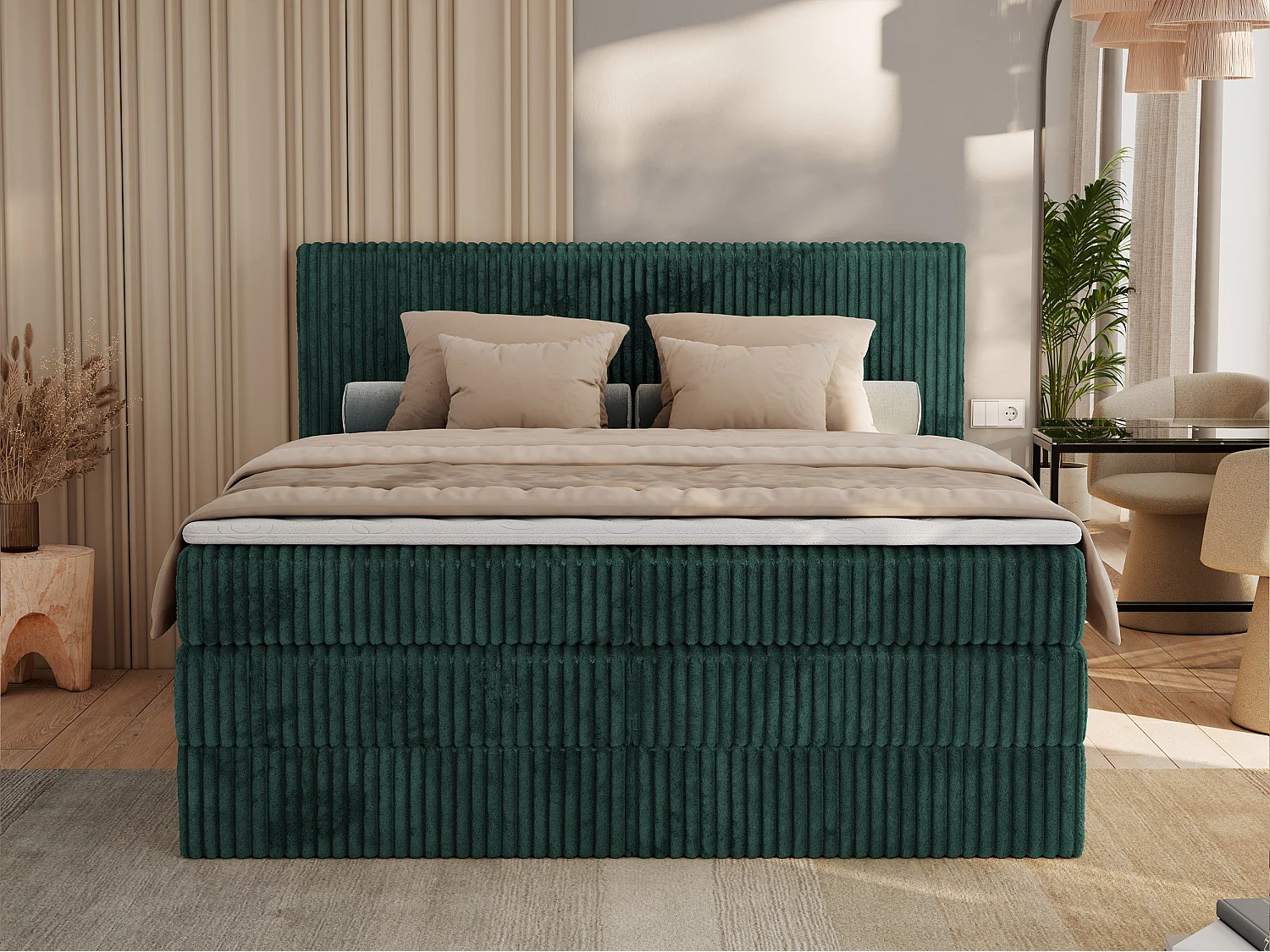 Boxspringbett TILIANO KING, Multipocket-Matratze, Cord Bett, Kopfteil und zwei Bettkästen - 160x200 cm - H3 - Dunkelgrün Cord