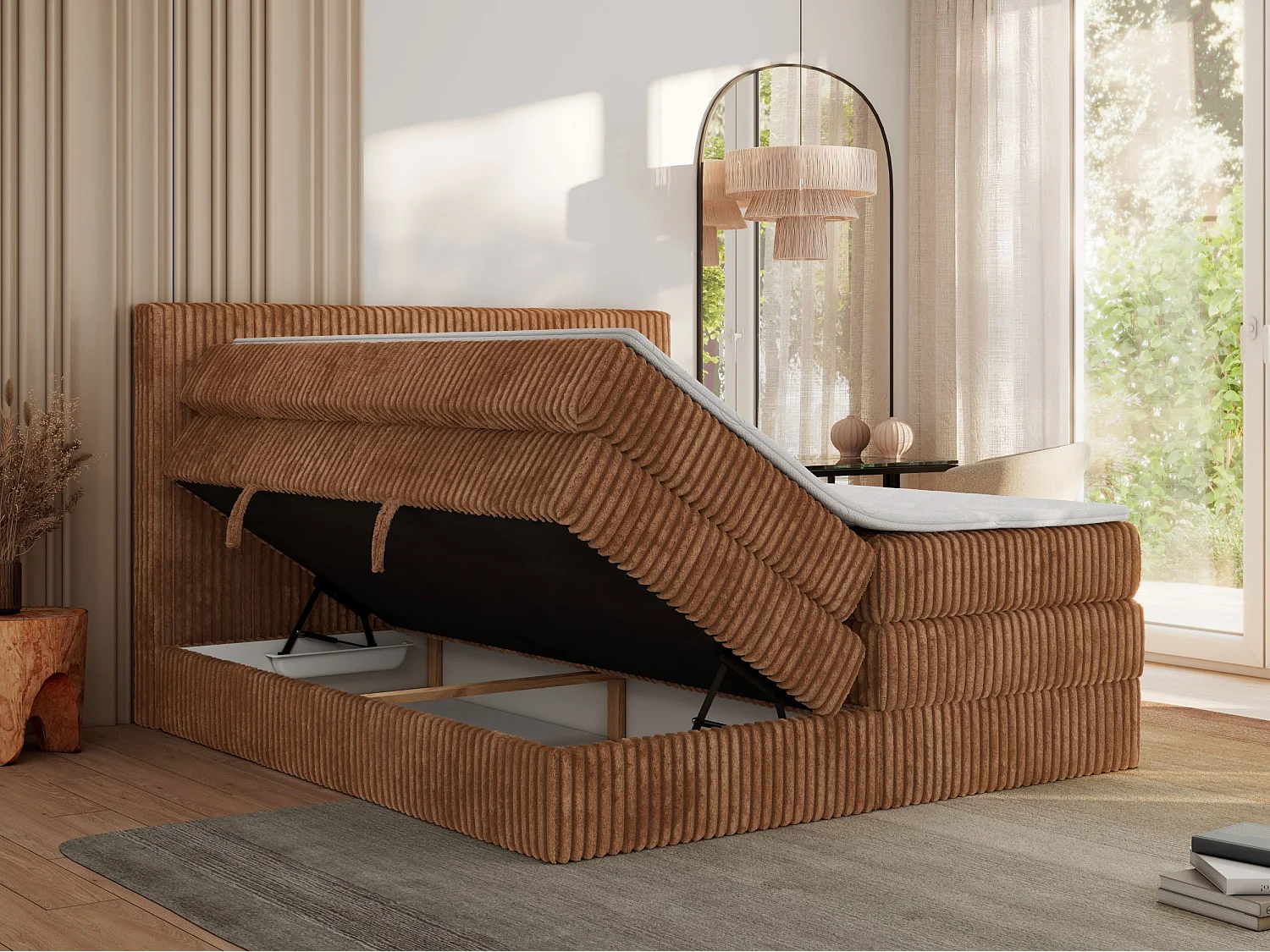 Boxspringbed met hoofdbord H3 + Topper T25 - Oranje Ribstof - 160x200 - TILIANO KING