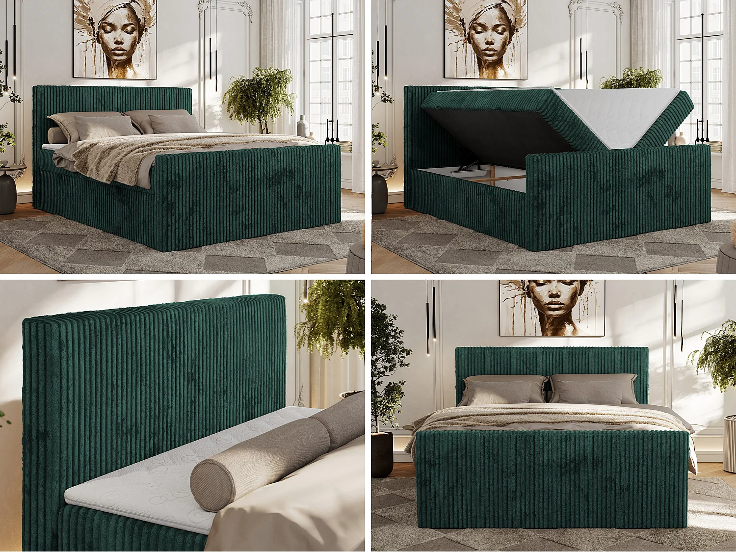 Boxspringbett TILIANO DUO mit gepolstertem Fußteil, Cord Bett, Multipocket-Matratze - 180x200 cm - H3 - Dunkelgrün Cord