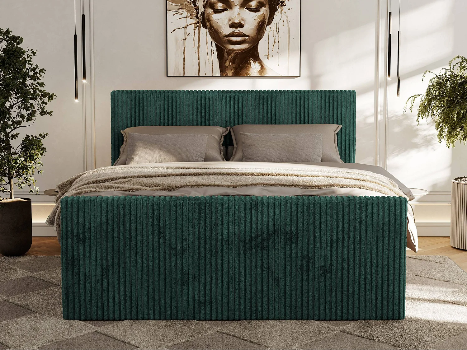 Boxspringbett TILIANO DUO mit gepolstertem Fußteil, Cord Bett, Multipocket-Matratze - 180x200 cm - H3 - Dunkelgrün Cord