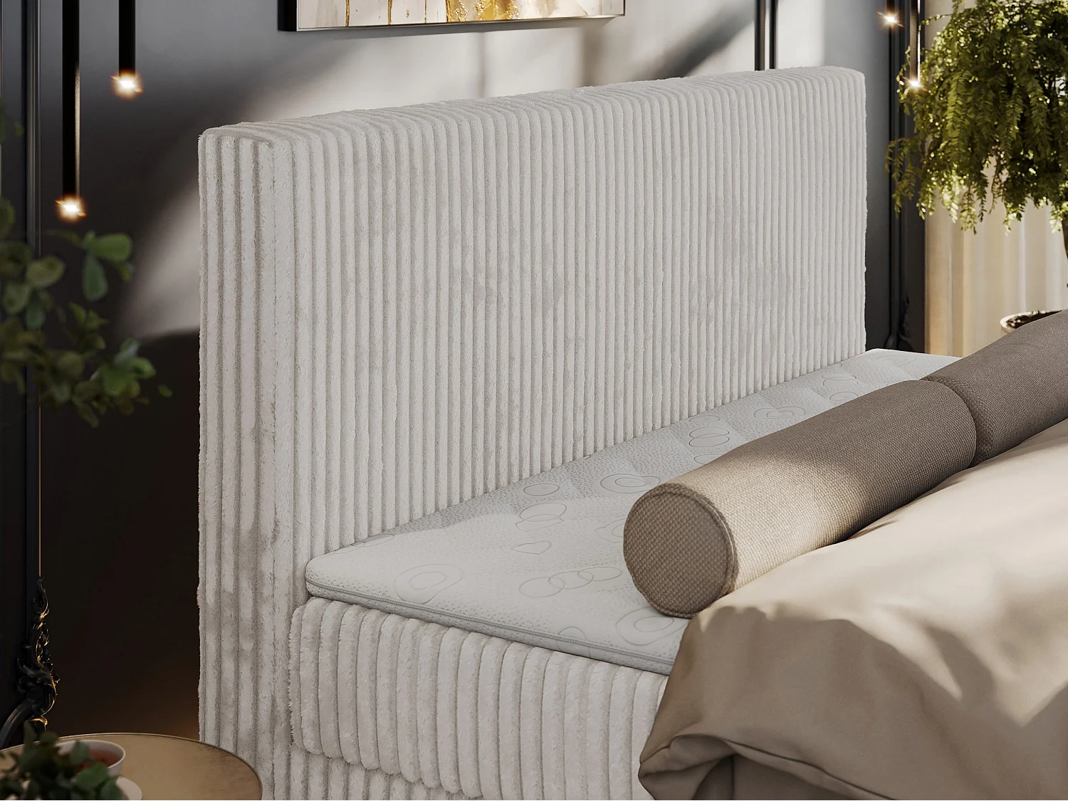 Boxspringbett TILIANO DUO mit gepolstertem Fußteil, Cord Bett, Multipocket-Matratze - 200x200 cm - H3 - Hellgrau Cord