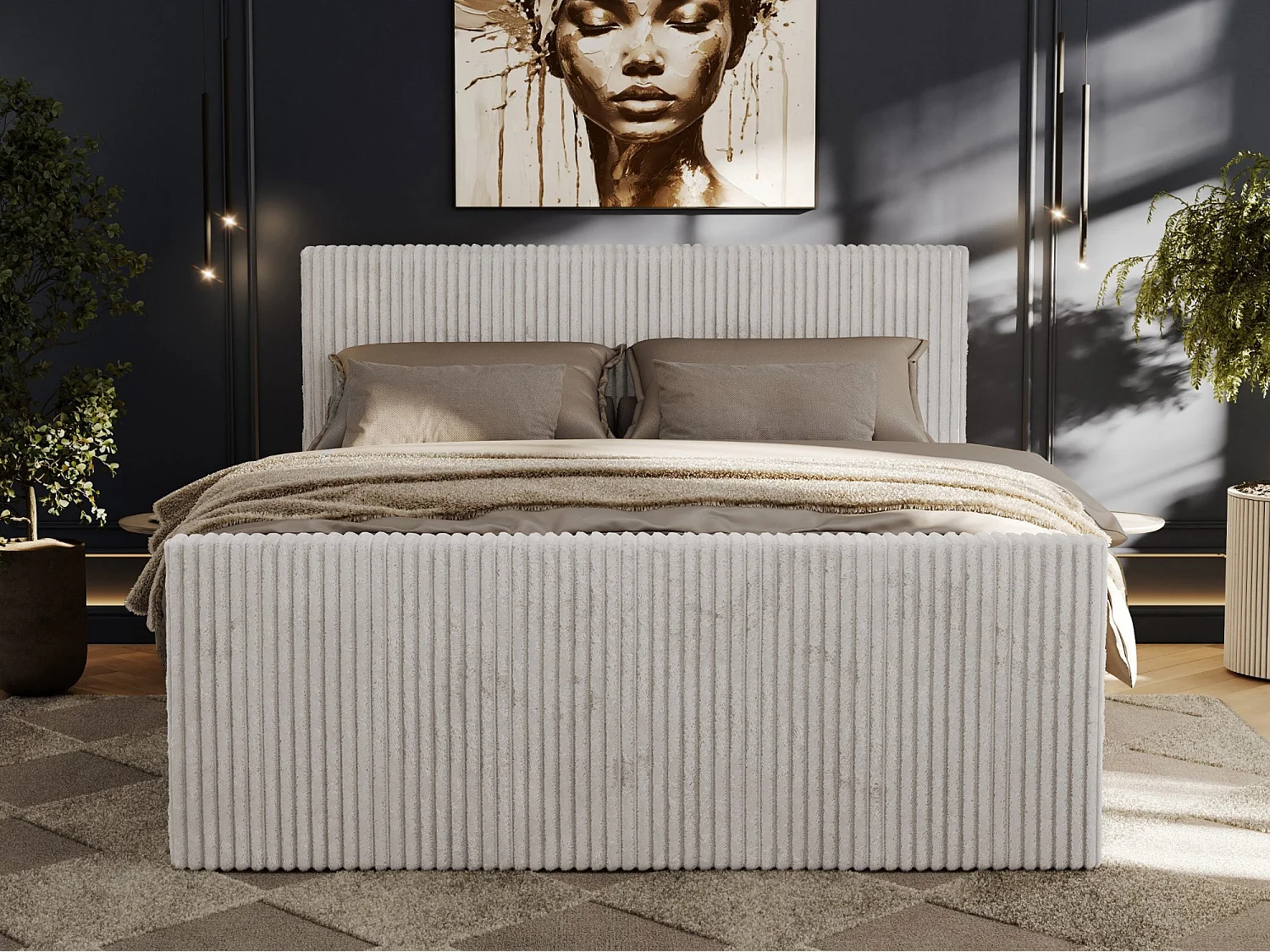 Boxspringbett TILIANO DUO mit gepolstertem Fußteil, Cord Bett, Multipocket-Matratze - 200x200 cm - H3 - Hellgrau Cord