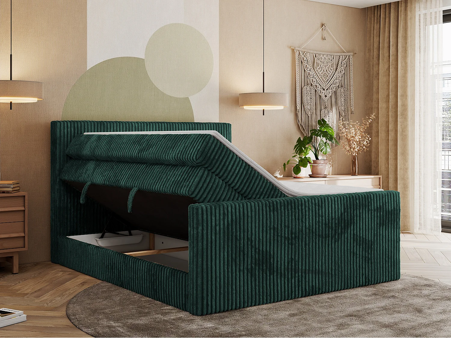 Boxspringbett TILIANO KING DUO, mit zwei Bettkästen, Cord Bett Multipocket-Matratze - 180x200 cm - H4 - Dunkelgrün Cord