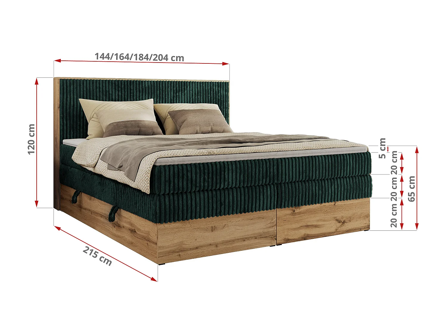 Boxspringbett WOOD CLASSIC KING - Polsterbett mit hohe Kopfteil, zwei Multipocket-Matratze, Bettkästen - 180x200 cm - H3 - Dunkelgrün Cord