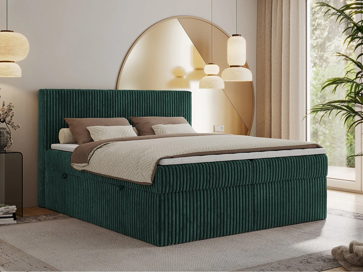 Boxspringbett TILIANO mit Kopfteil und zwei Bettkästen, Cord Bett - 180x200 cm - H3 - Dunkelgrün Cord