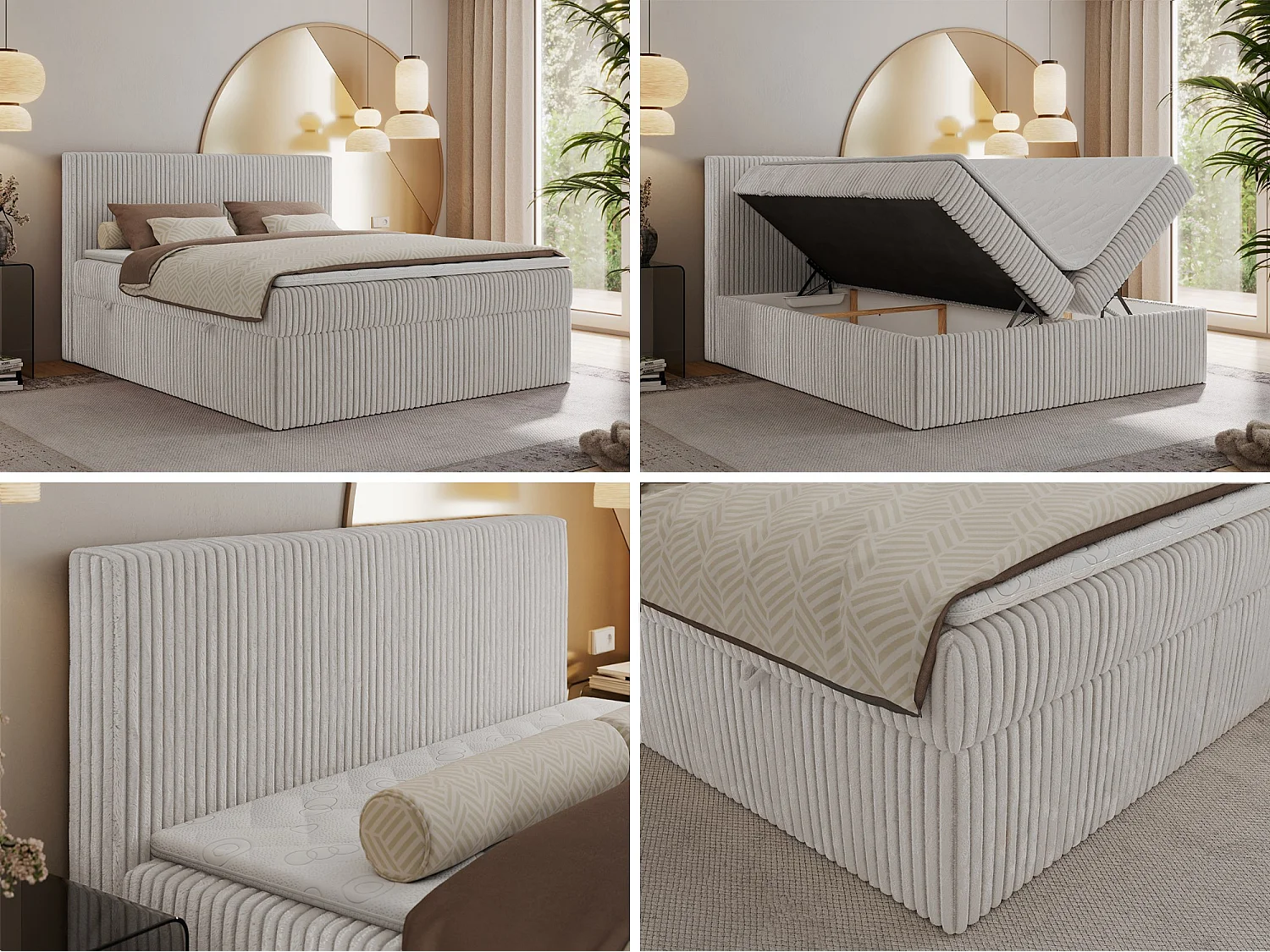 Boxspringbett TILIANO mit Kopfteil und zwei Bettkästen, Cord Bett - 160x200 cm - H3 - Hellgrau Cord