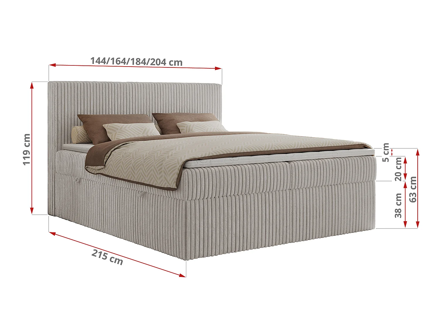 Boxspringbed met hoofdbord H3 + Topper T25 - Lichtgrijs Ribstof - 160x200 - TILIANO