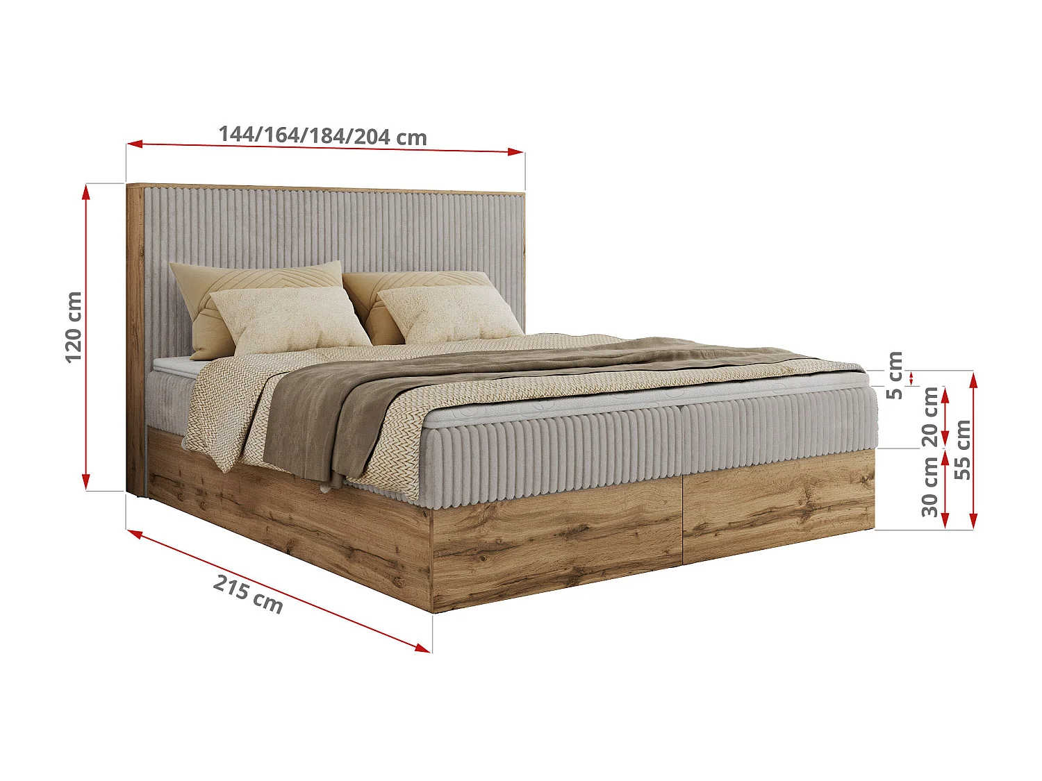 Boxspringbett WOOD CLASSIC - Doppelbett für Schlafzimmer, Set mit Multipocket-Matratze, Holzrahmen - 160x200 cm - H4 - Hellgrau Cord