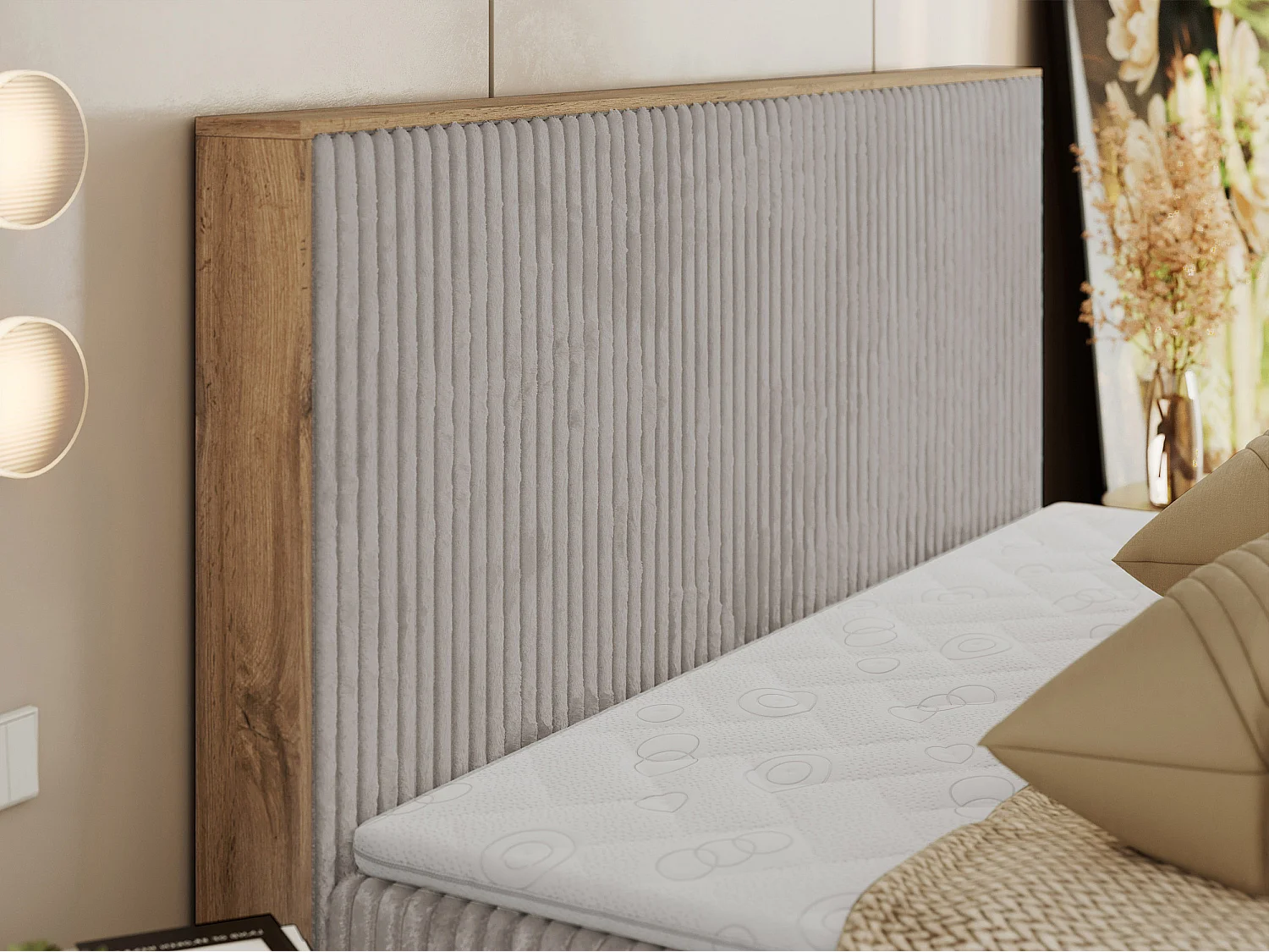 Boxspringbed met hoofdbord H4 + Topper T25 - Lichtgrijs Ribstof - 160x200 - WOOD CLASSIC