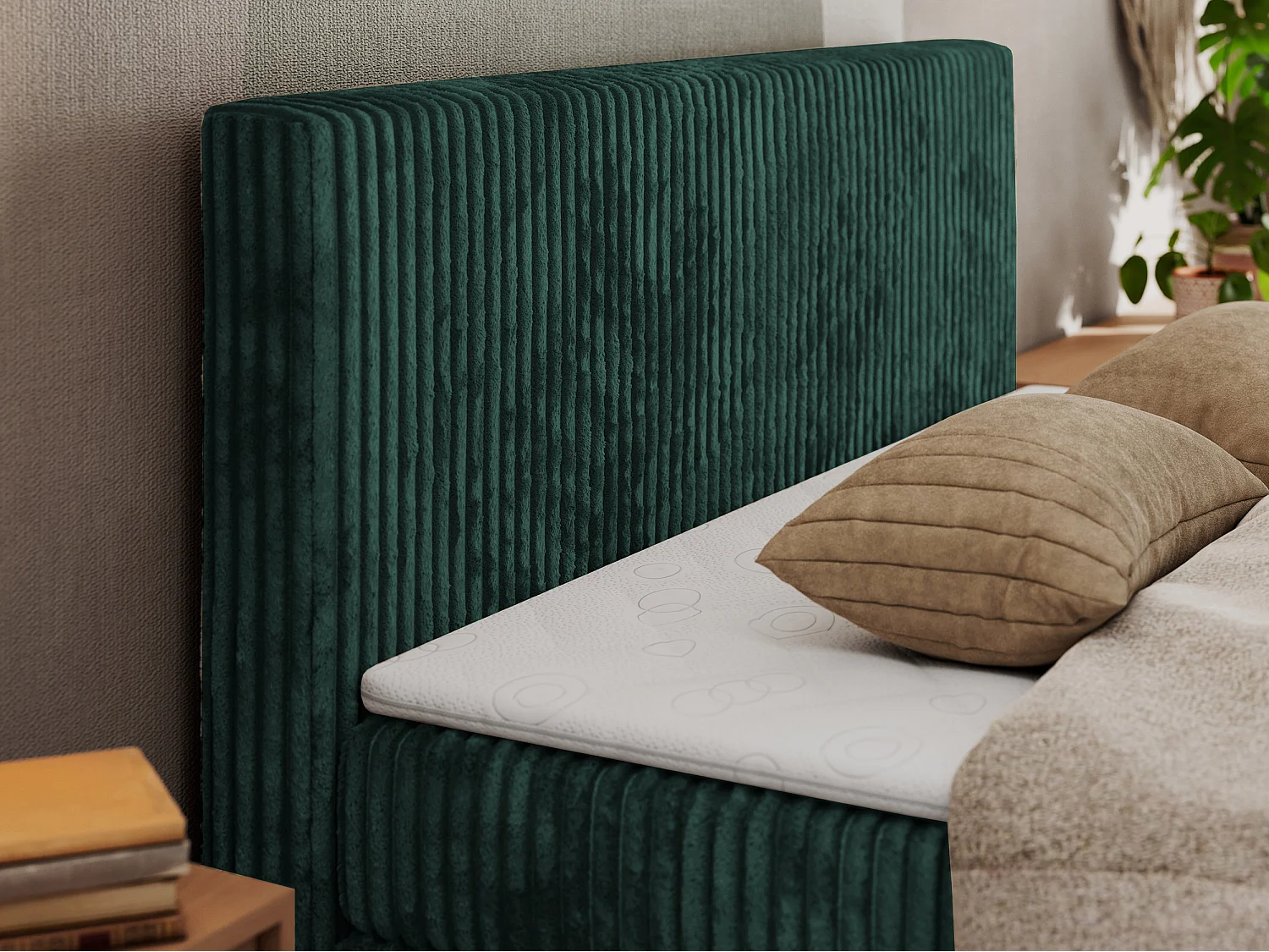 Boxspringbett TILIANO KING DUO, mit zwei Bettkästen, Cord Bett Multipocket-Matratze - 140x200 cm - H3 - Dunkelgrün Cord