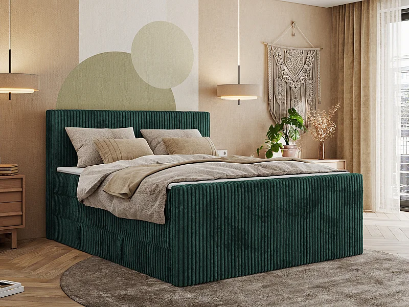 Boxspringbett TILIANO KING DUO, mit zwei Bettkästen, Cord Bett Multipocket-Matratze - 140x200 cm - H3 - Dunkelgrün Cord