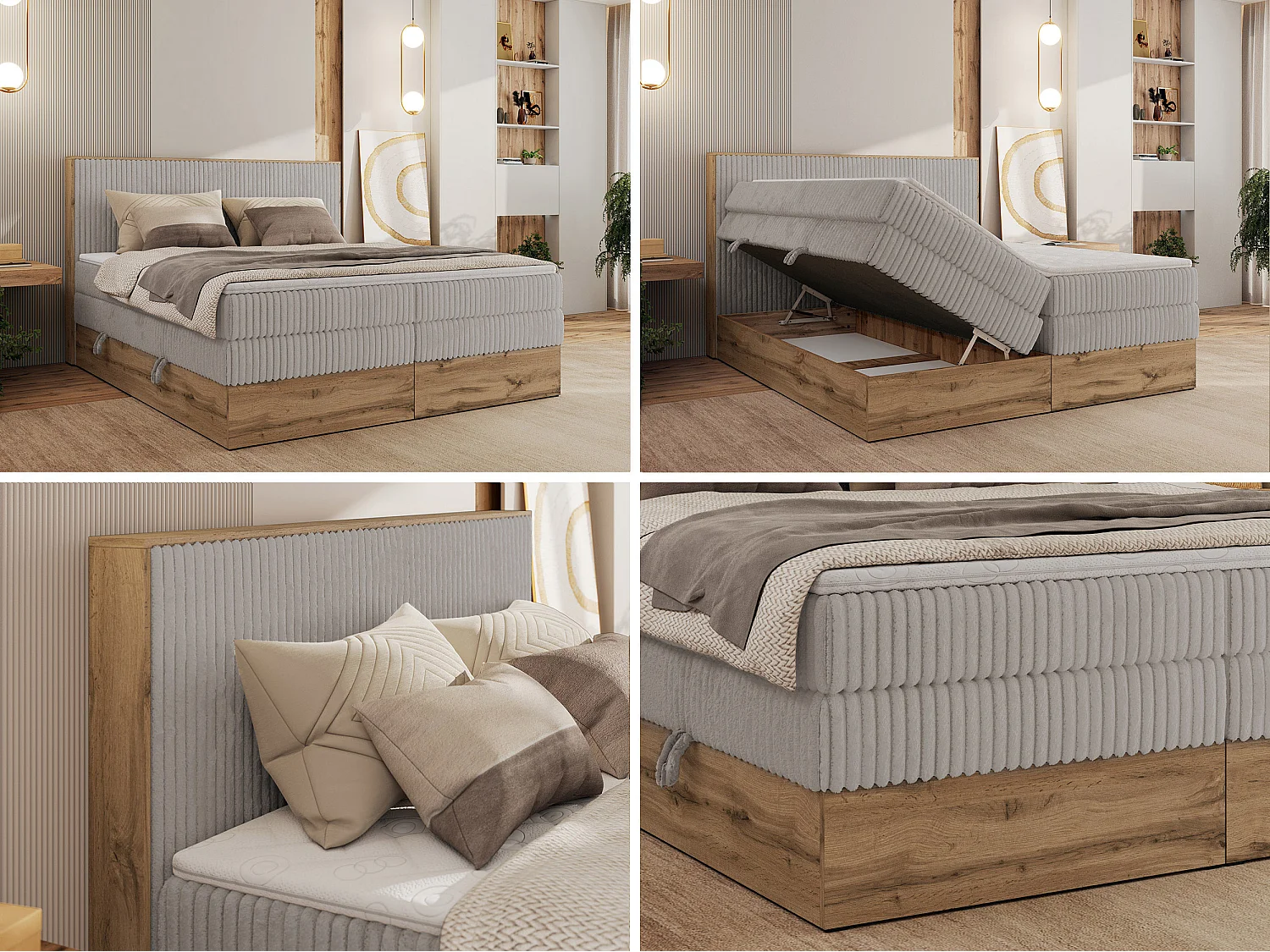 Boxspringbett WOOD CLASSIC KING - Polsterbett mit hohe Kopfteil, zwei Multipocket-Matratze, Bettkästen - 200x200 cm - H4 - Hellgrau Cord