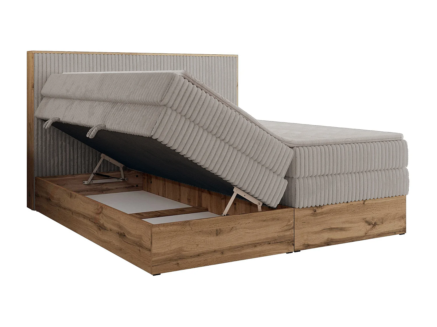 Boxspringbett WOOD CLASSIC KING - Polsterbett mit hohe Kopfteil, zwei Multipocket-Matratze, Bettkästen - 200x200 cm - H4 - Hellgrau Cord