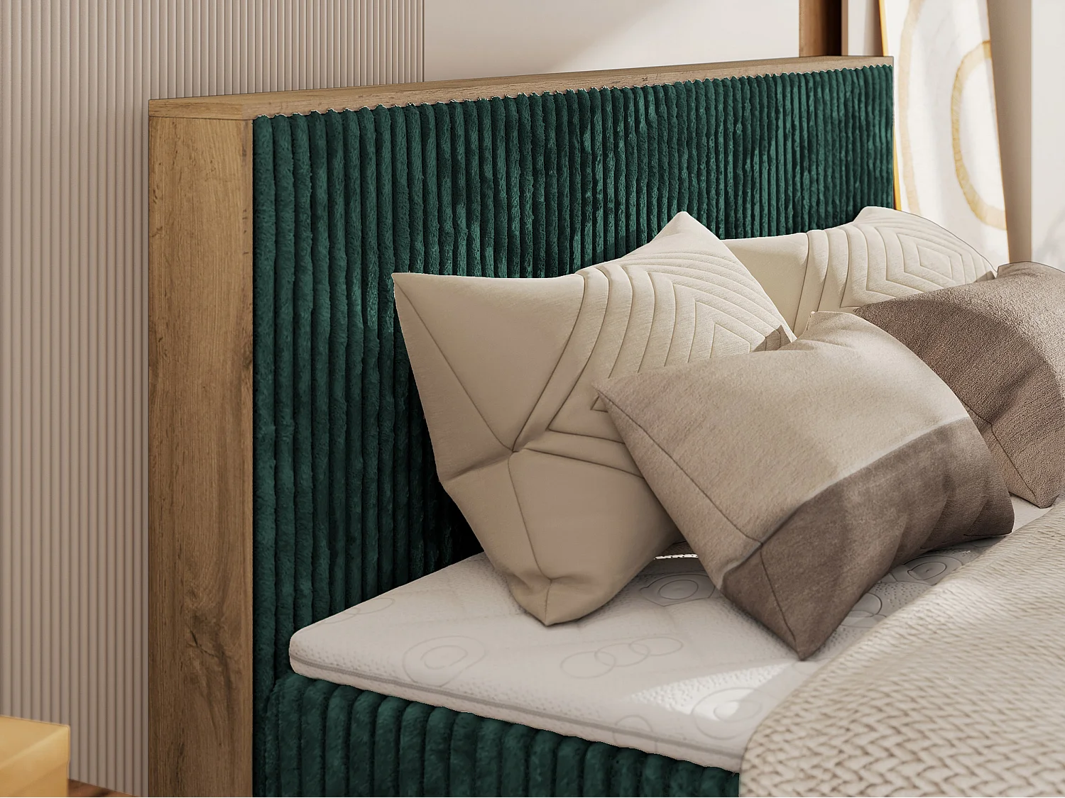 Boxspringbett WOOD CLASSIC KING - Polsterbett mit hohe Kopfteil, zwei Multipocket-Matratze, Bettkästen - 140x200 cm - H4 - Dunkelgrün Cord