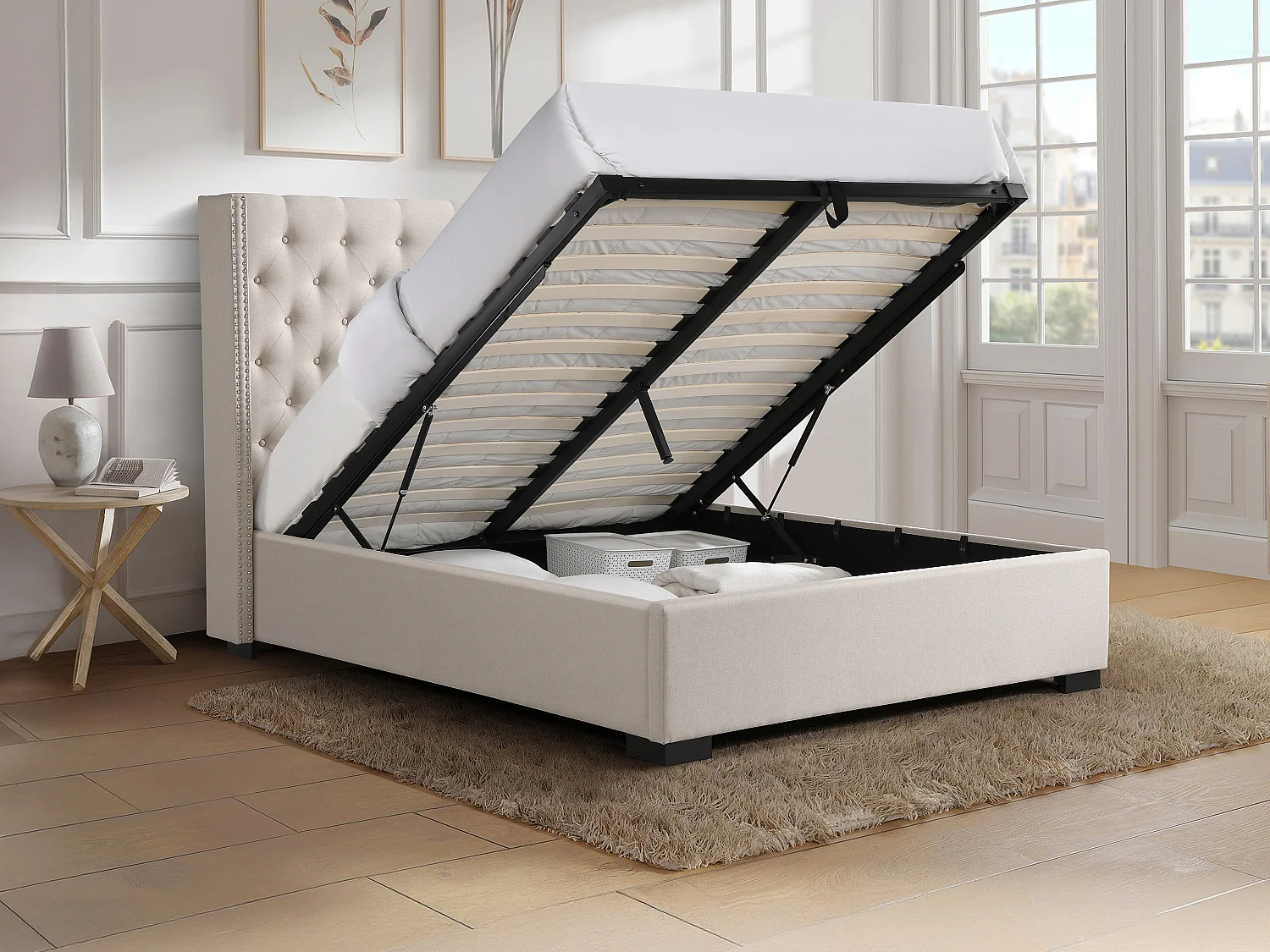 Lit coffre 160 x 200 cm avec tête de lit capitonnée - Tissu - Beige + Matelas - MASSIMO II