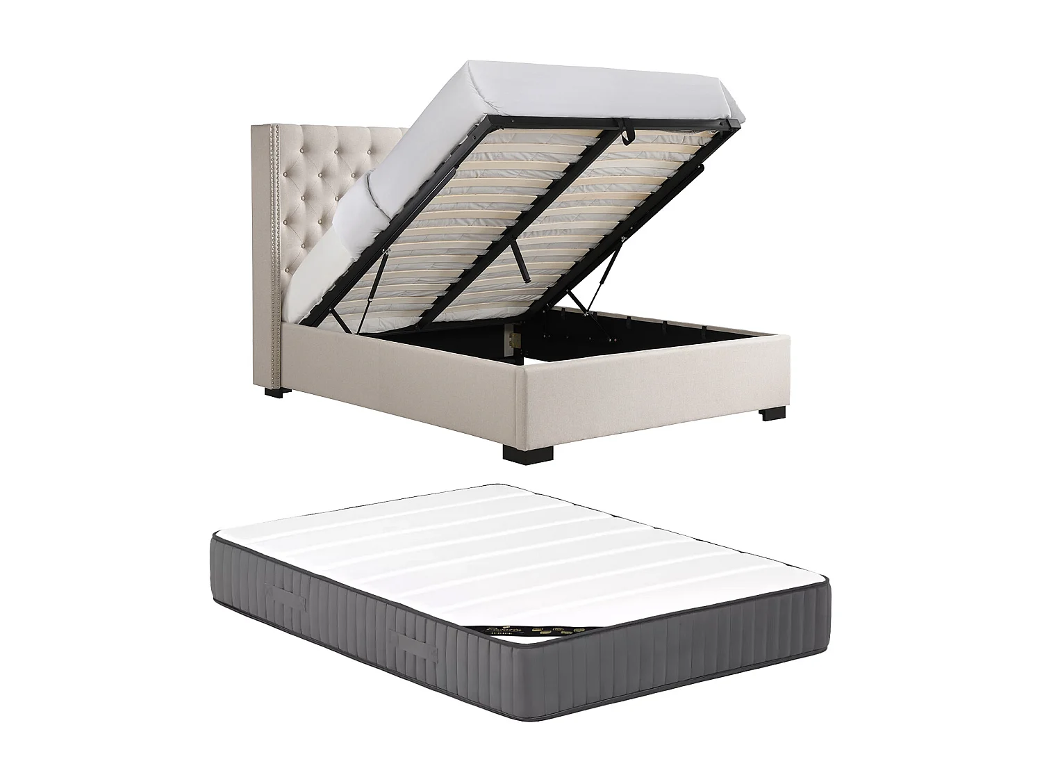 Lit coffre 160 x 200 cm avec tête de lit capitonnée - Tissu - Beige + Matelas - MASSIMO II